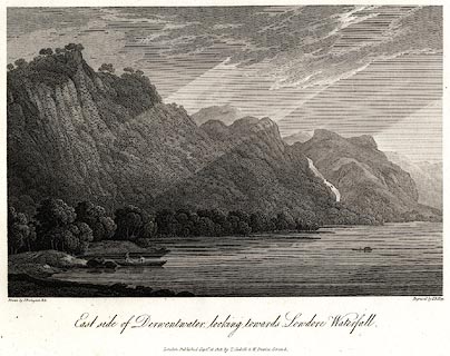East side of Derwentwater, looking towards Lowdore Waterfall, Joseph Farington, 1815