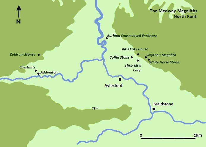 Map showing location of the Medway Megaliths © Wikipedia CCL