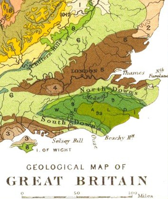 Geological map of the south east showing chalk bedrock and north and south downs