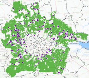 Map showing the green belt around London © London green belt council
