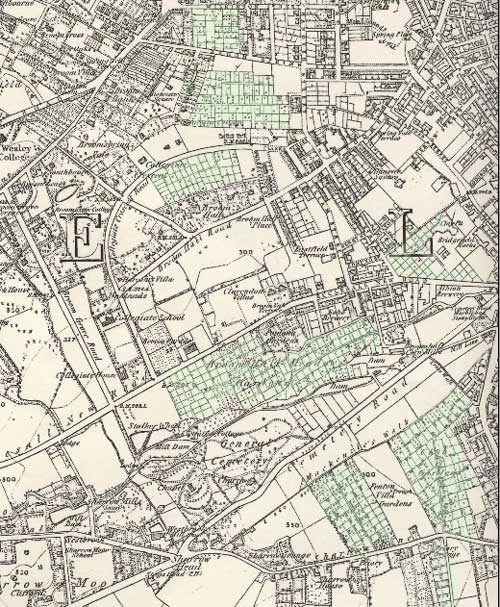 Sheffield 1855 - unbuilt greenspaces just to the west of the city centre 