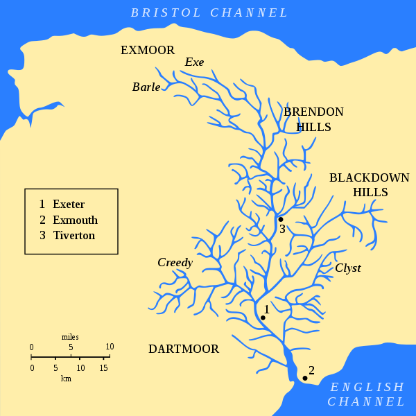 Map showing the many tributaries of the River Exe © Wikimedia Commons